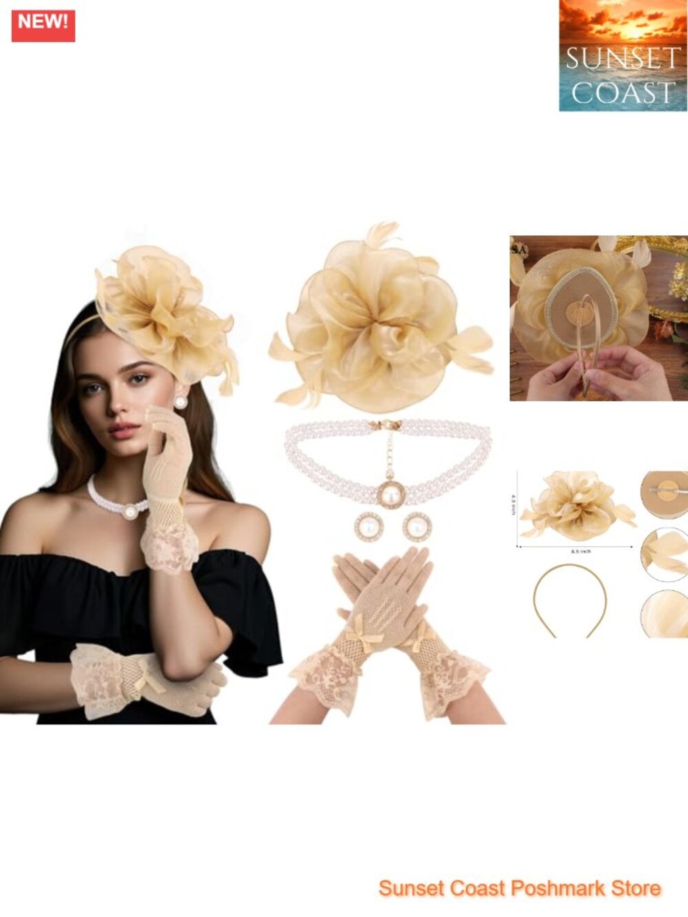 4PC Fascinators Hat Set Lace Gloves Pearl Necklace Earrings Feather Tea Party